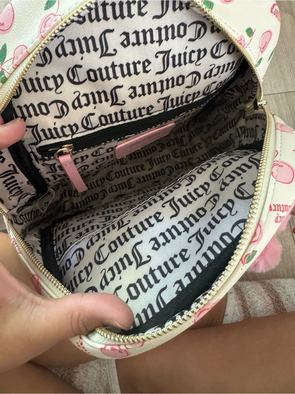Juicy Couture Pink Cherry Print Mini Backpack with Pom Charm